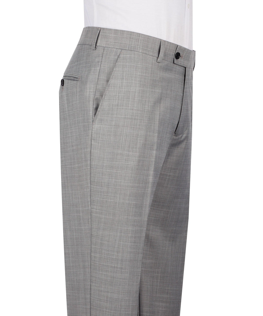 Grey dress trousers with belt loops and button closure at the fly