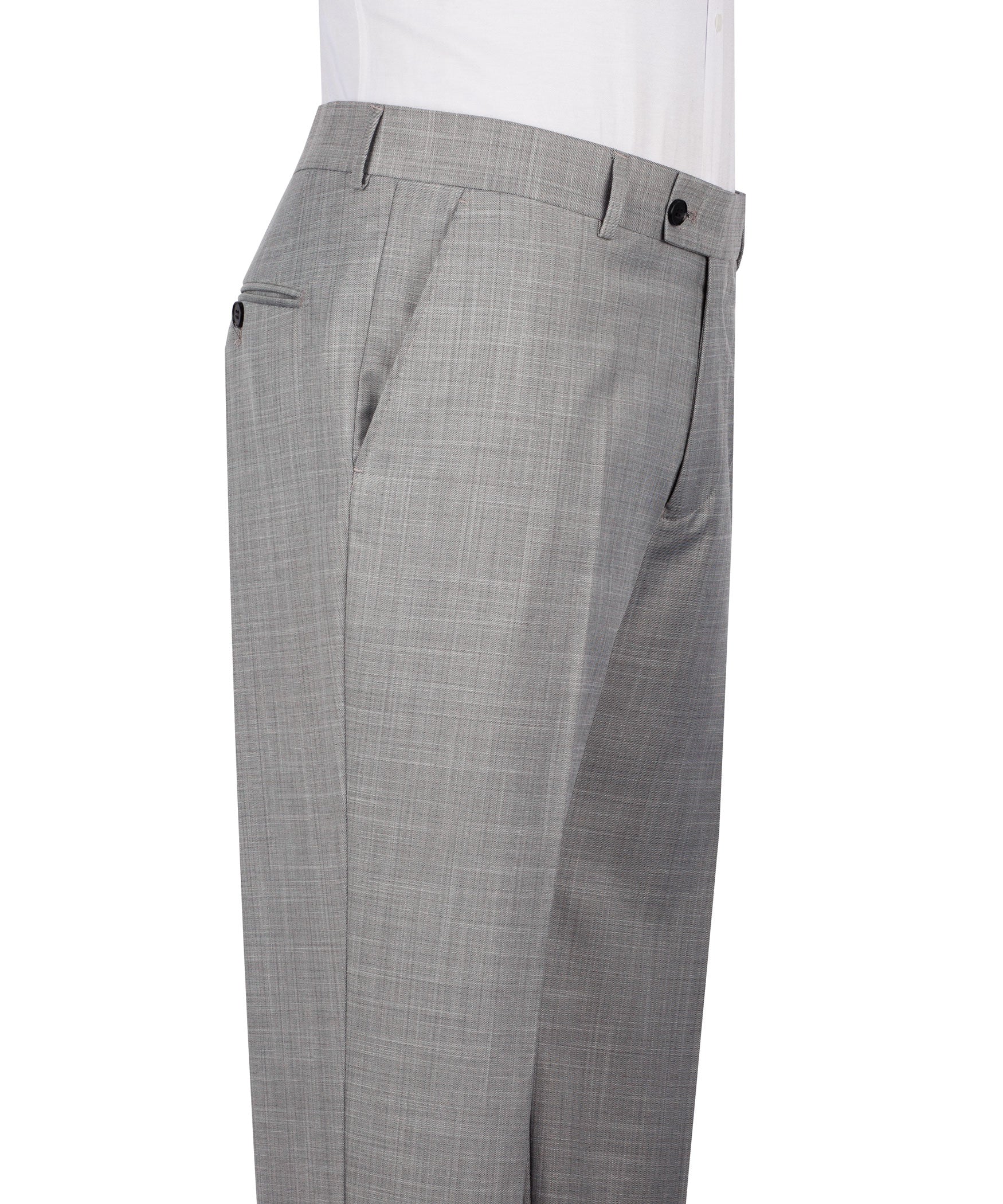 Grey dress trousers with belt loops and button closure at the fly