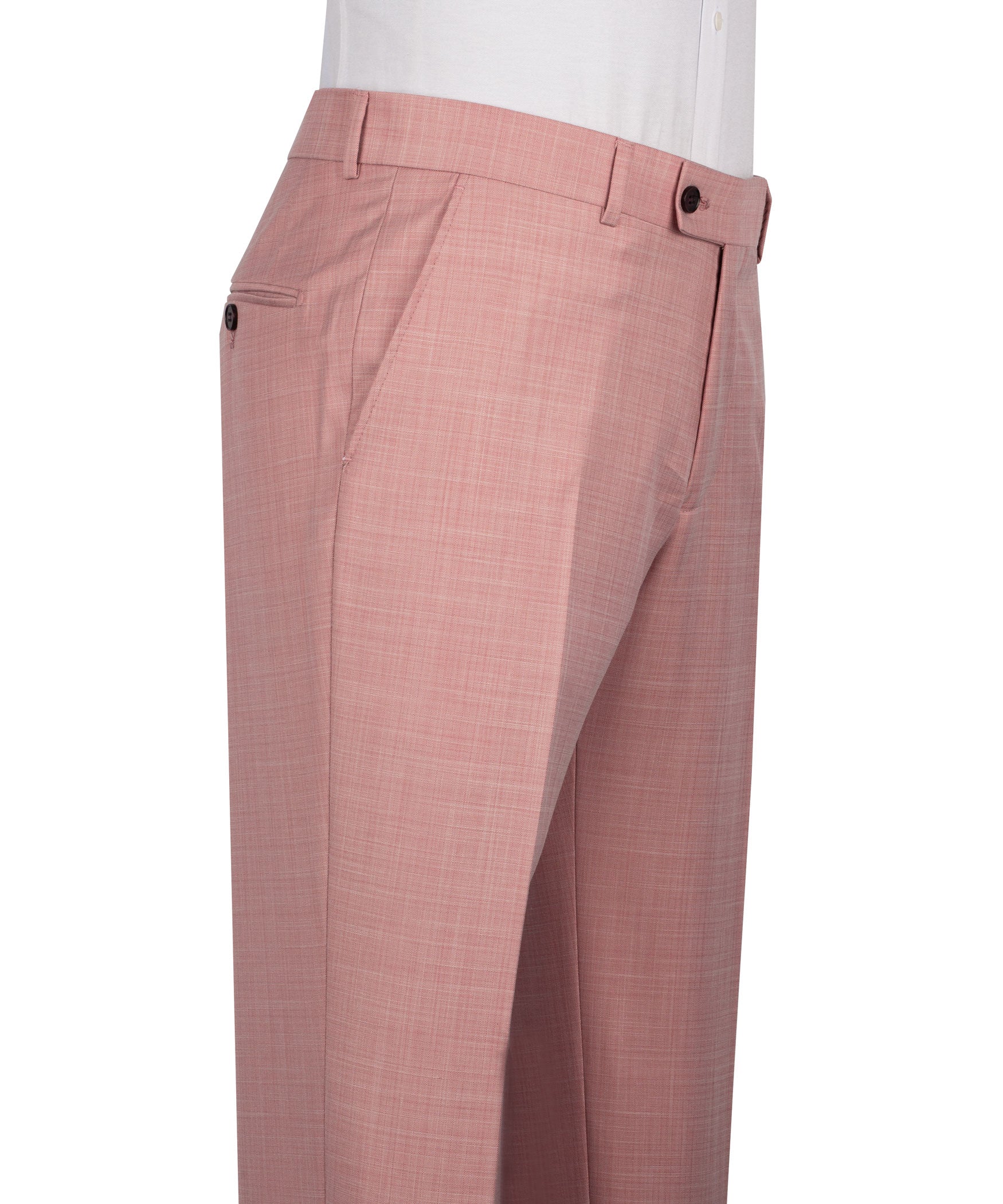 Pink dress trousers with belt loops, front pleats, and button closure