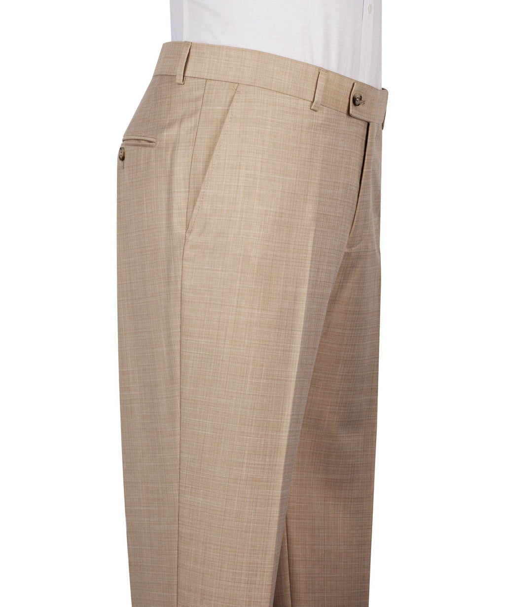 Light beige suit trousers with belt loops and front crease, button closure
