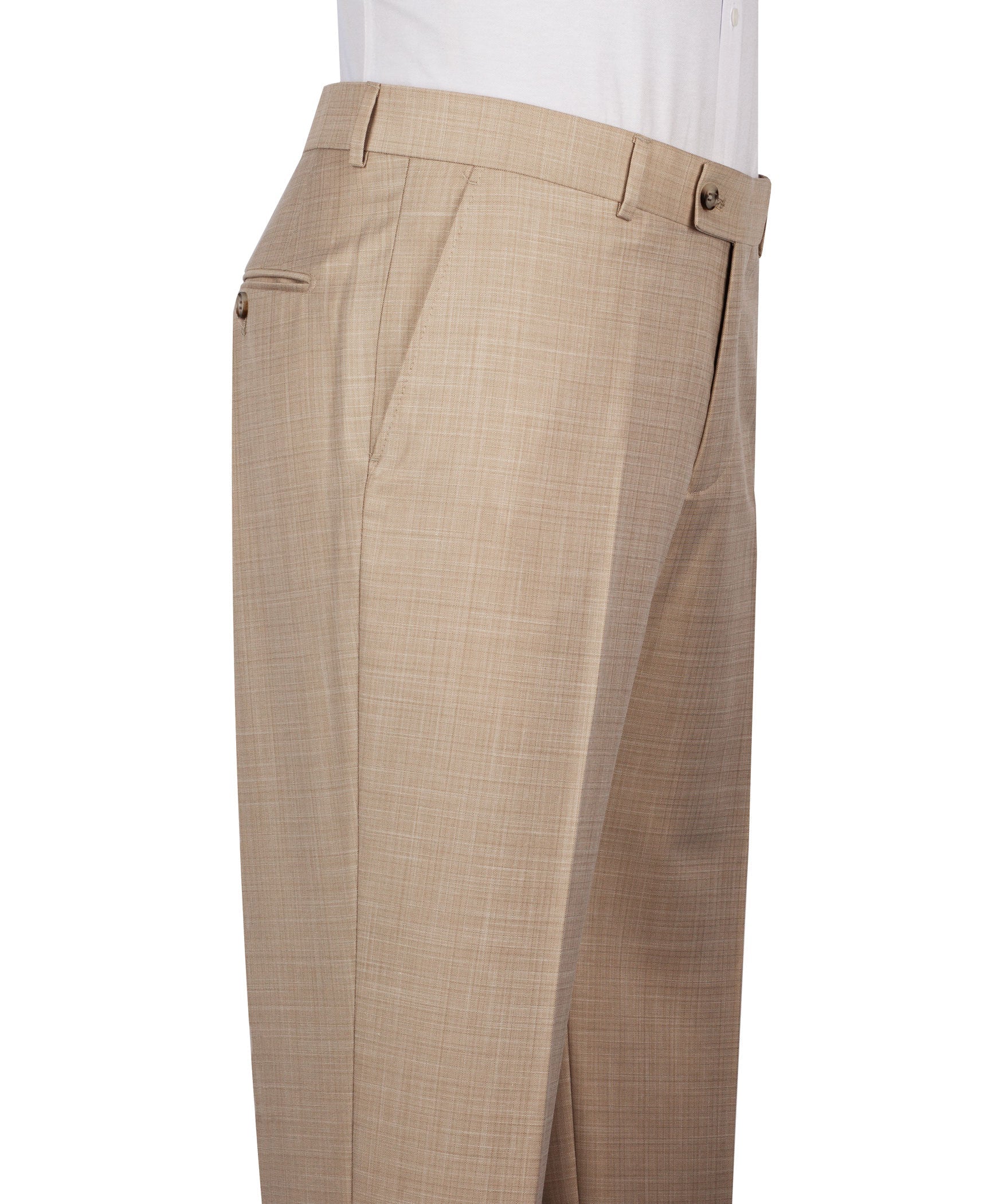 Light beige suit trousers with belt loops and front crease, button closure
