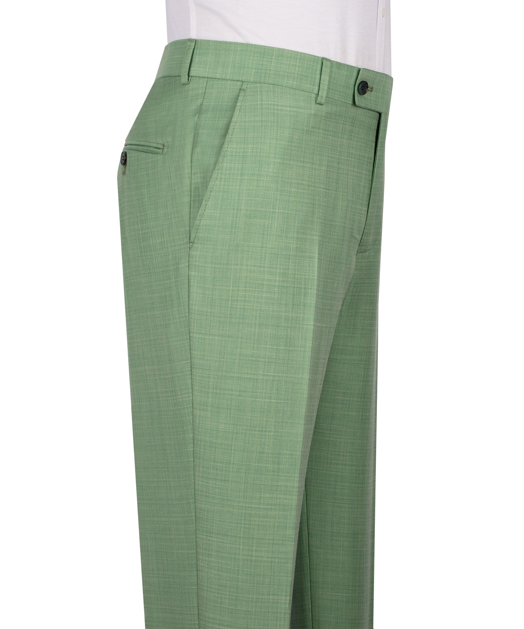 Green suit trousers with belt loops, zip fly, and side pockets