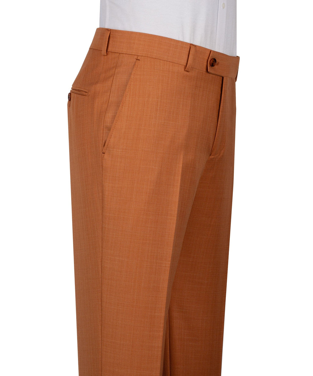 Rust-orange suit trousers with belt loops and front pleats, side view