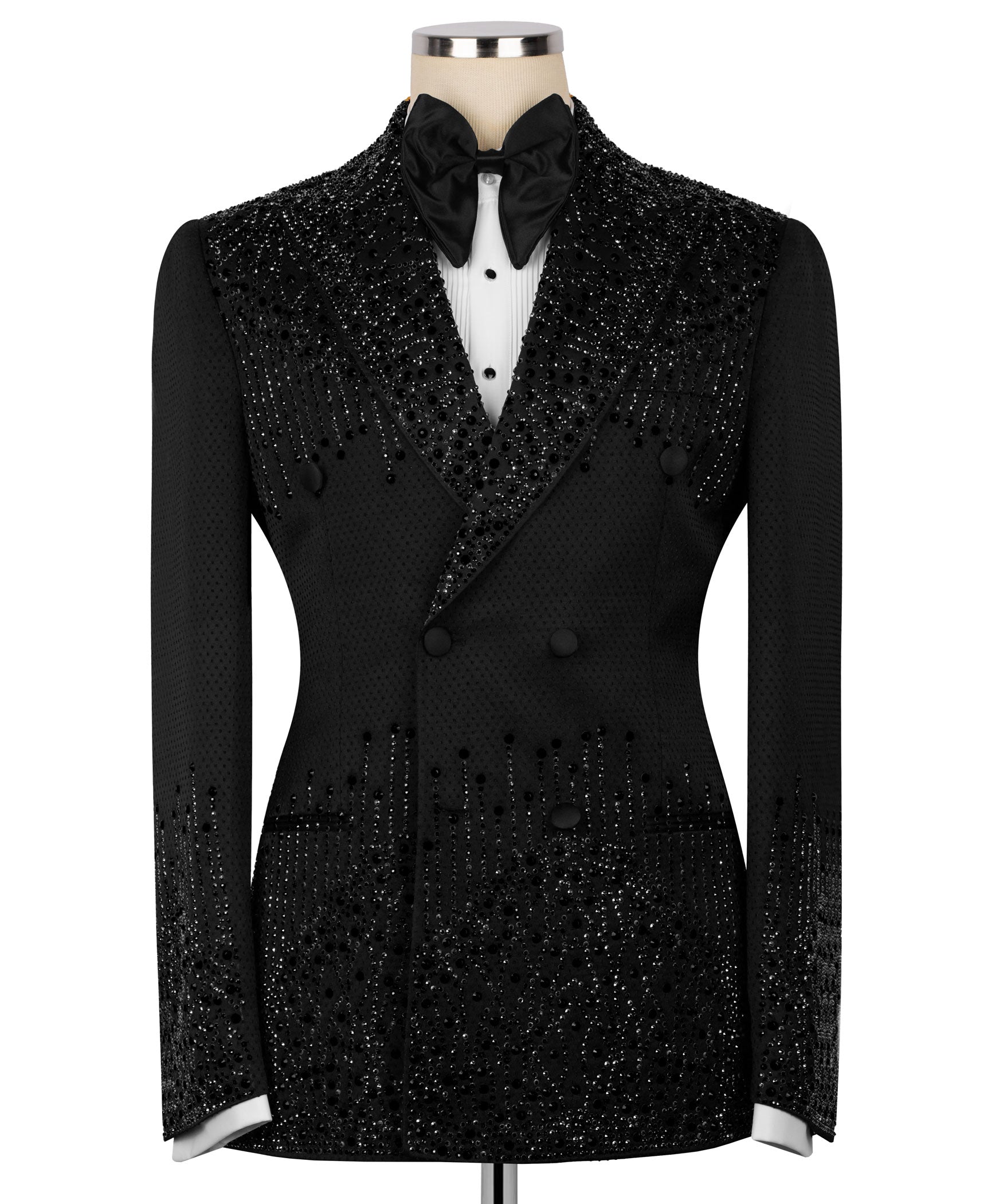 Black stone-embroidered tuxedo jacket, double-breasted buttons, satin lapels, bow tie