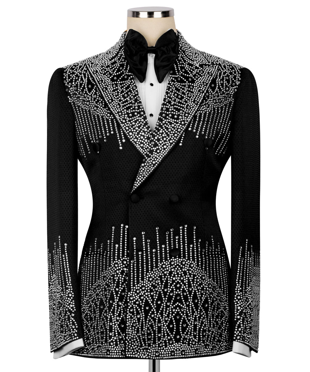 Black tuxedo jacket with silver stone embroidery and satin bow tie, notched lapels
