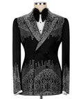 Black tuxedo jacket with silver stone embroidery and satin bow tie, notched lapels
