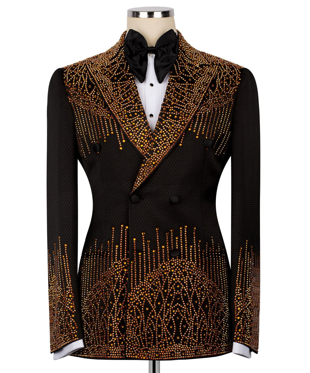 Black tuxedo blazer with gold stone embroidery, satin lapels, black bow tie