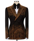 Black tuxedo blazer with gold stone embroidery, satin lapels, black bow tie