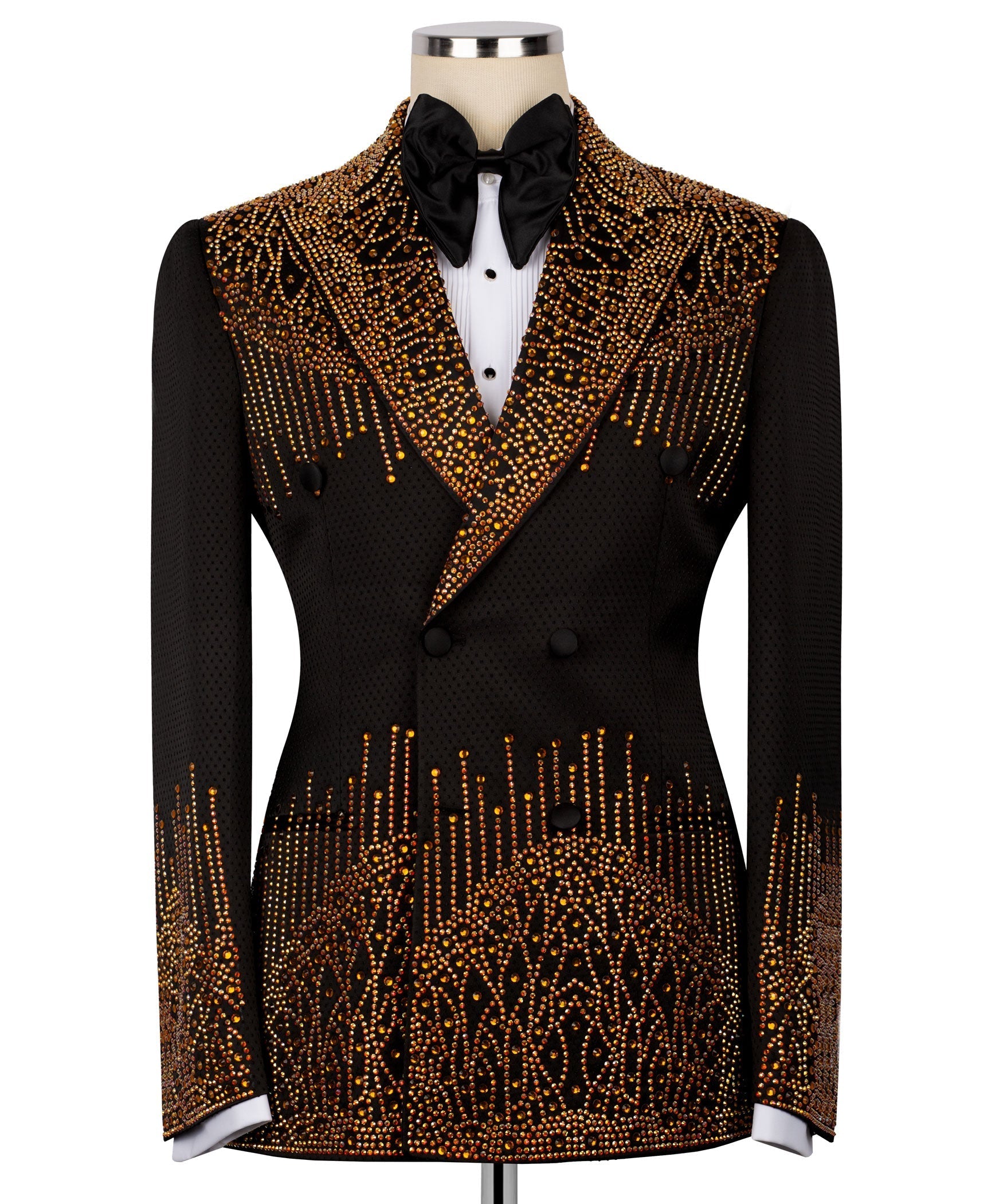 Black tuxedo blazer with gold stone embroidery, satin lapels, black bow tie