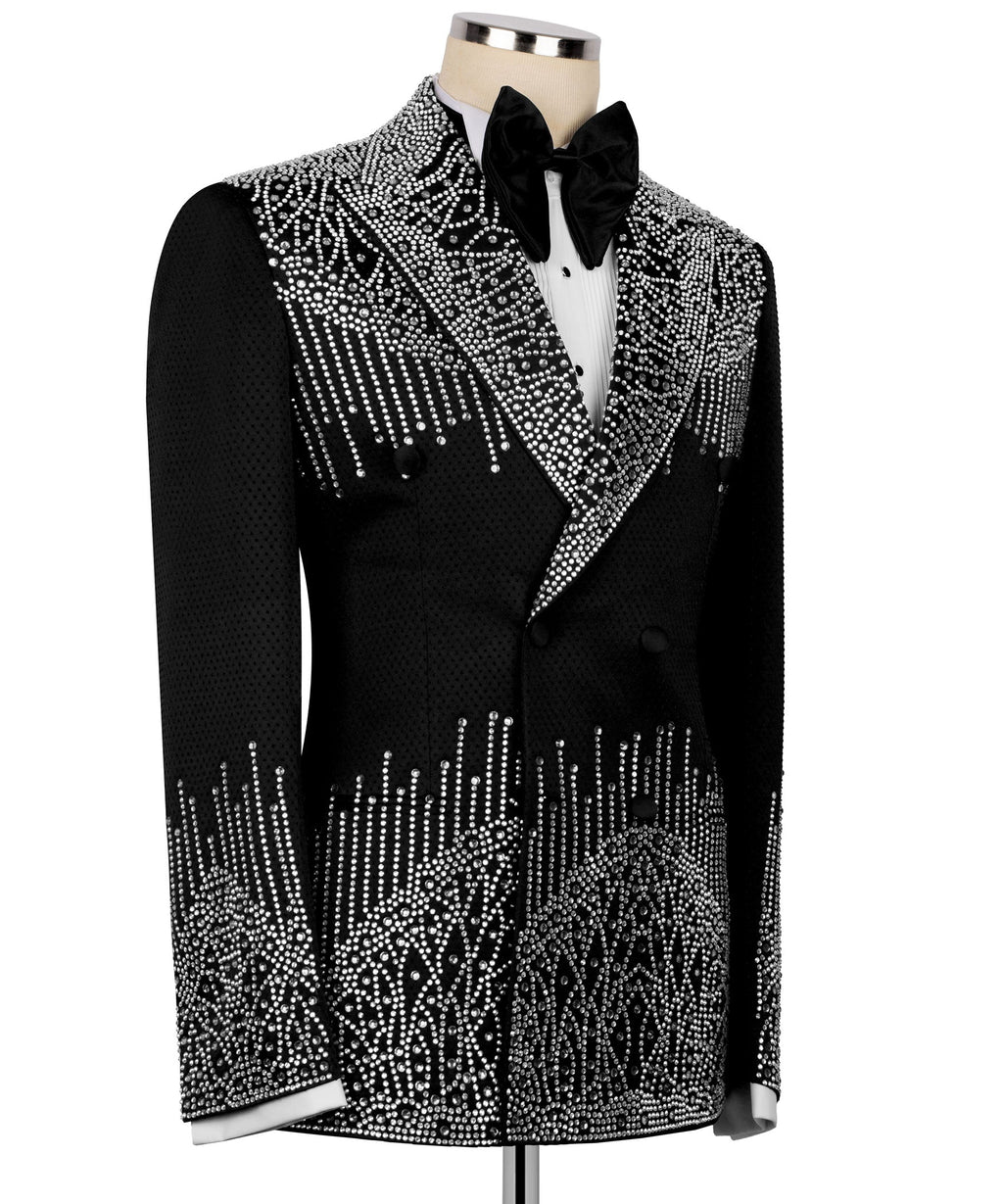 Front view: black tuxedo jacket with silver stone trim and rhinestone drape motif