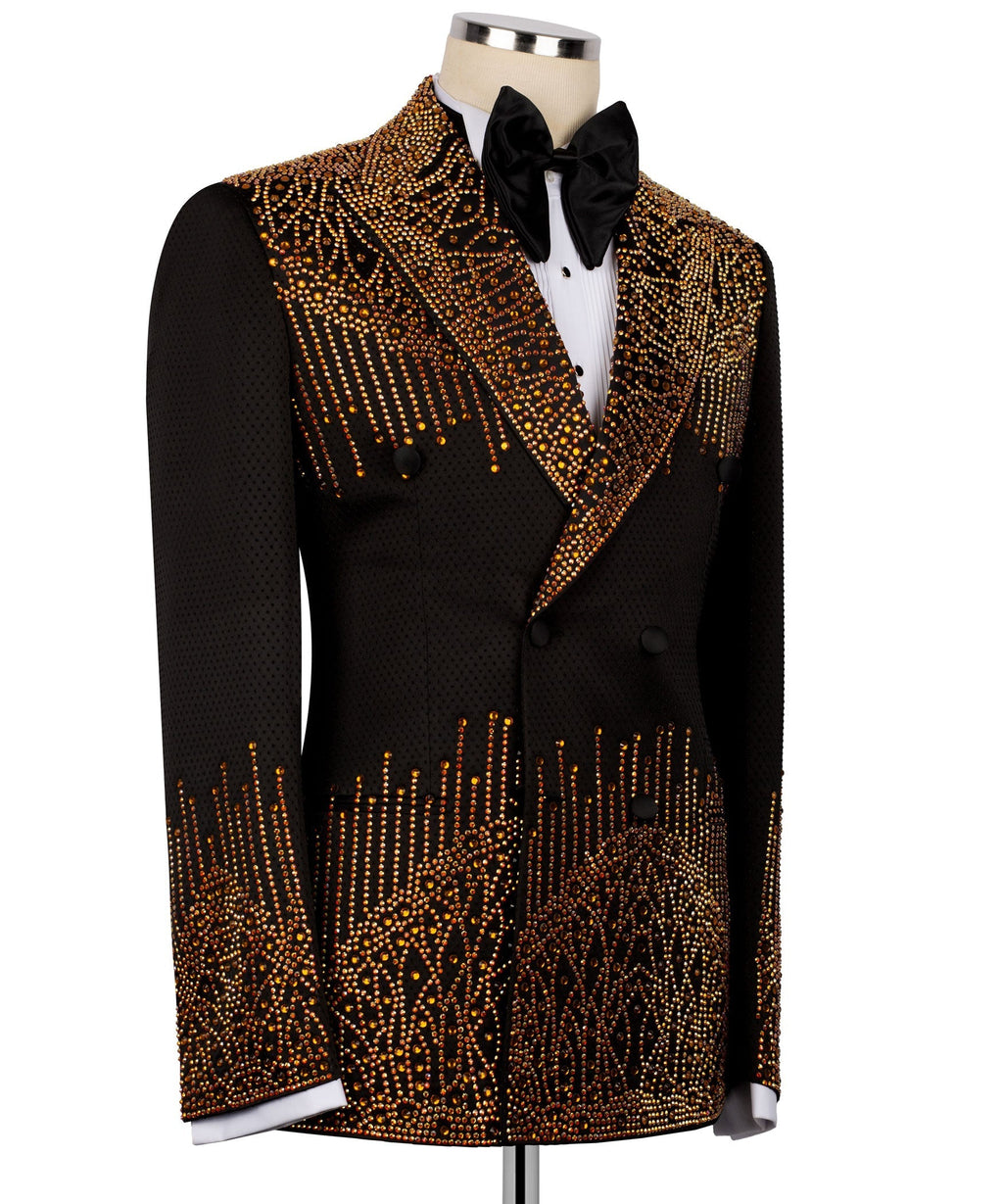 Black tuxedo jacket front with gold stone embroidery, satin lapels, bow tie