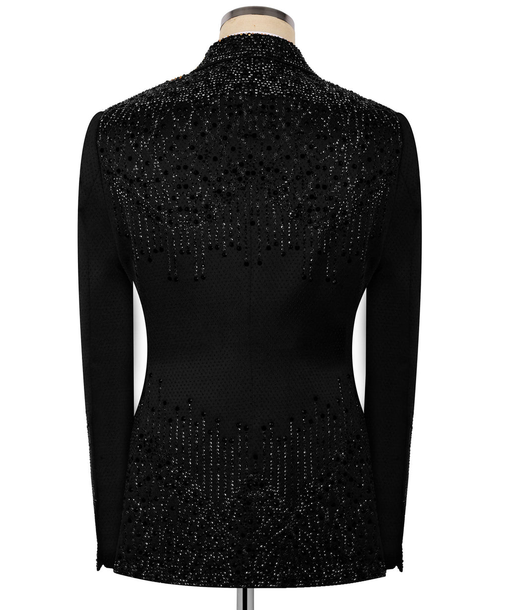 Back view black stone-embroidered tuxedo jacket with sparkling embellished surface