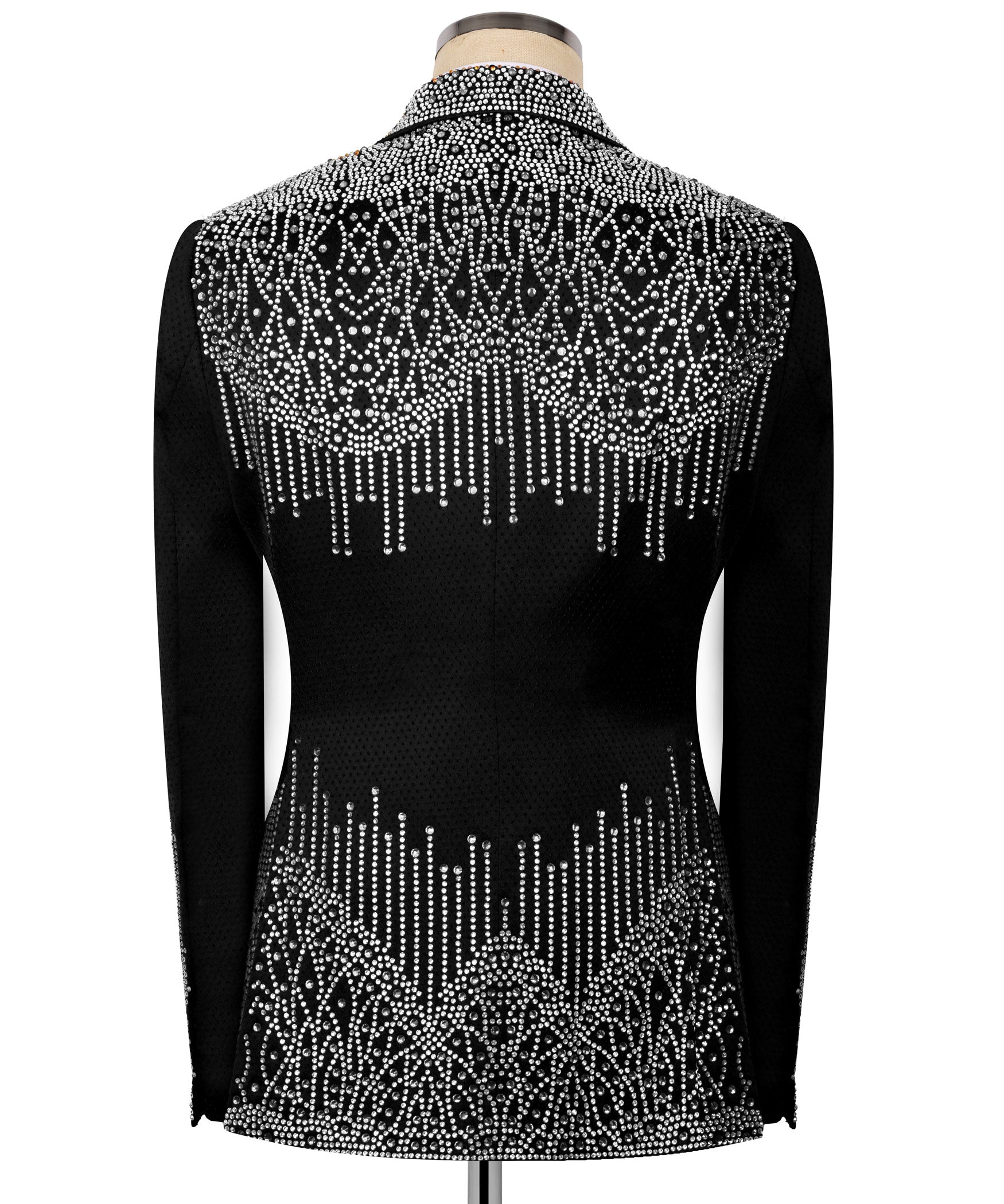 Back view: black tuxedo jacket covered in silver stone embroidery, long sleeves