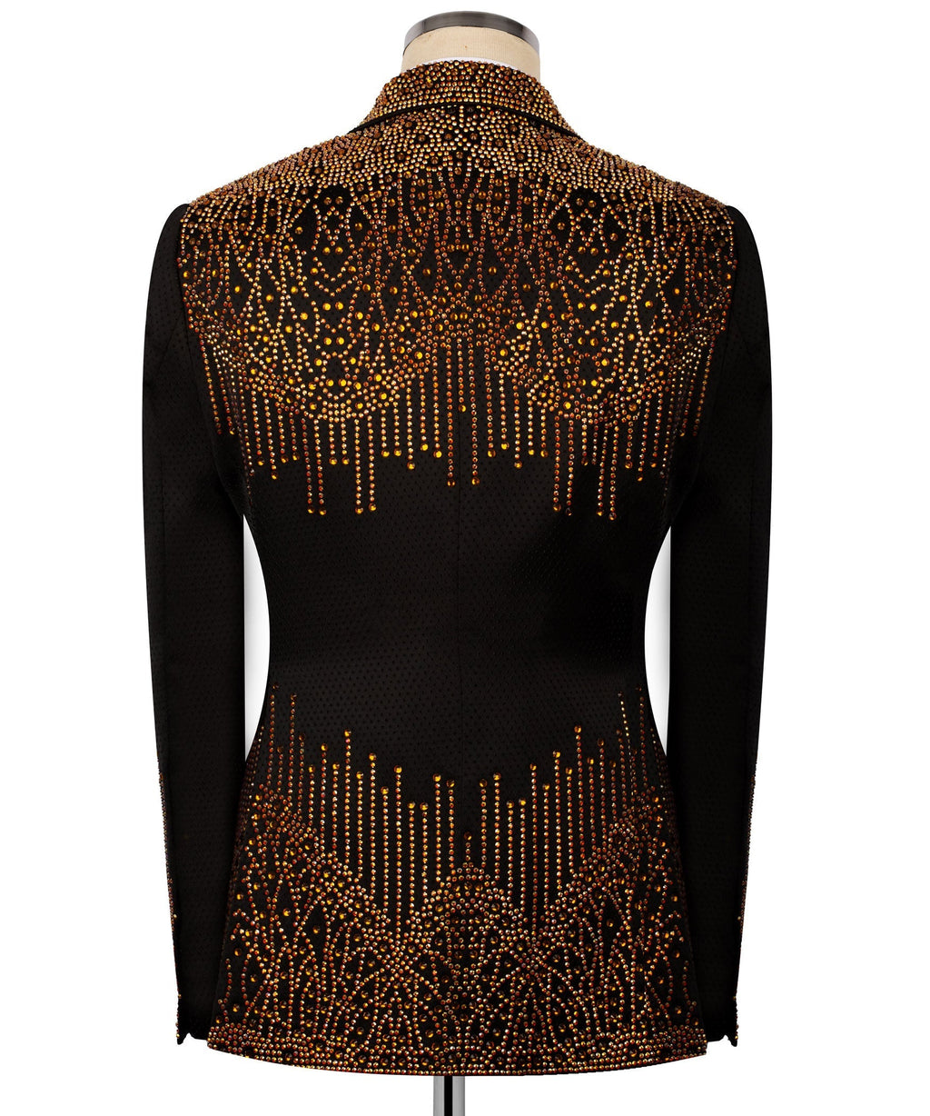 Black tuxedo blazer back with gold stone drips across shoulders and hem