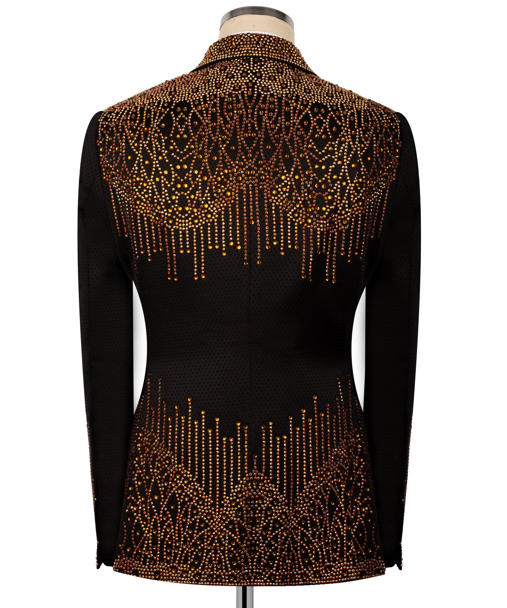 Black tuxedo blazer back with gold stone drips across shoulders and hem