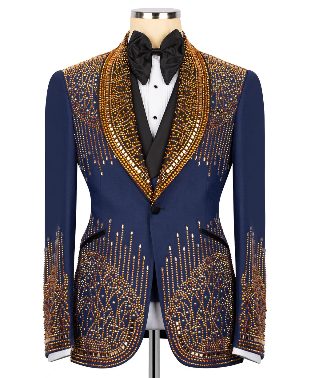 Men’s tuxedo vest and jacket in dark blue with gold stone embroidery and black bow tie