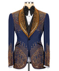 Men’s tuxedo vest and jacket in dark blue with gold stone embroidery and black bow tie