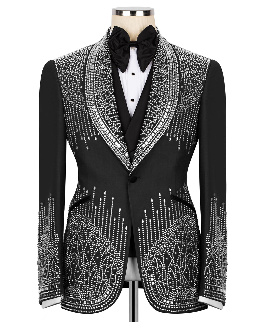 Black tuxedo jacket with silver rhinestone embroidered trim and black satin bow tie