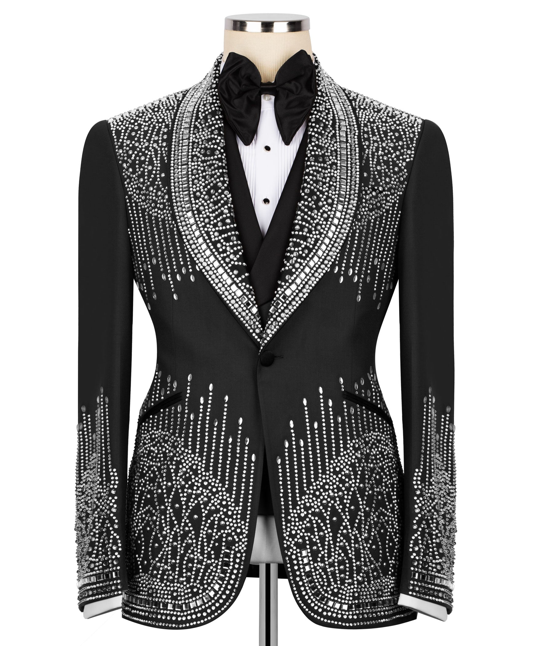 Black tuxedo jacket with silver rhinestone embroidered trim and black satin bow tie