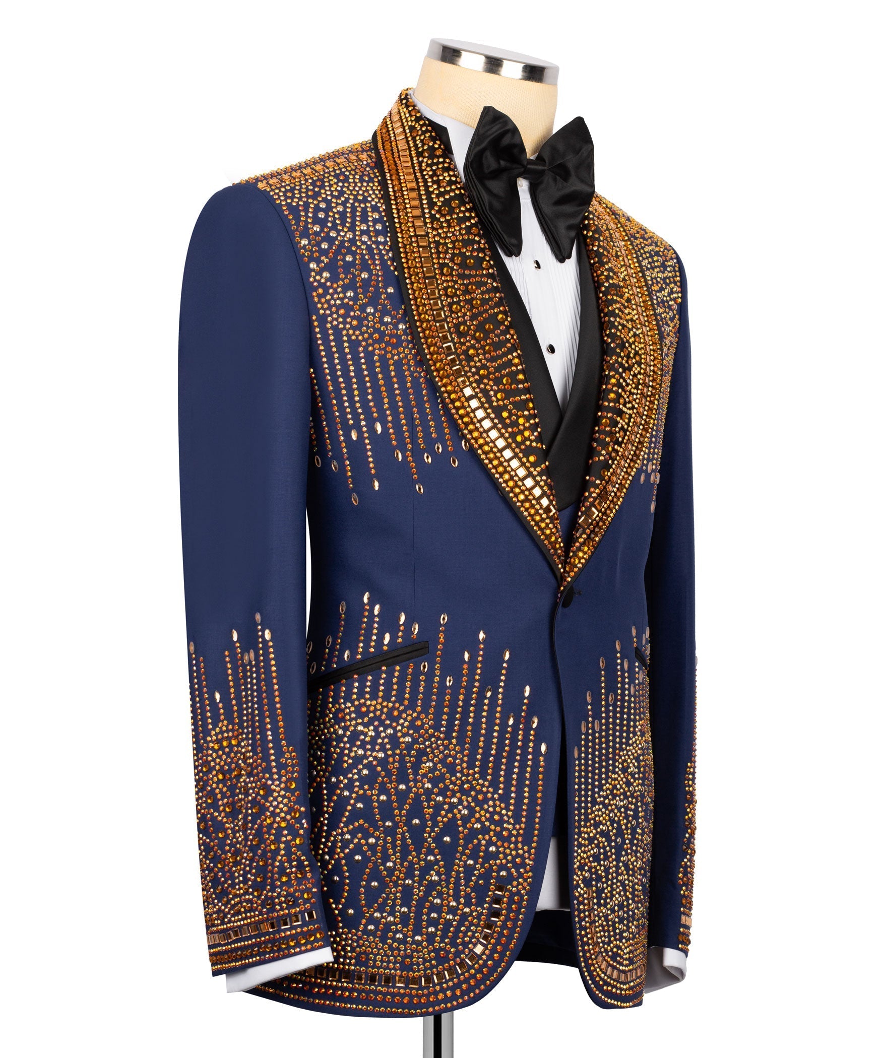 Men’s tuxedo blazer in dark blue with gold stone-embellished peak lapels