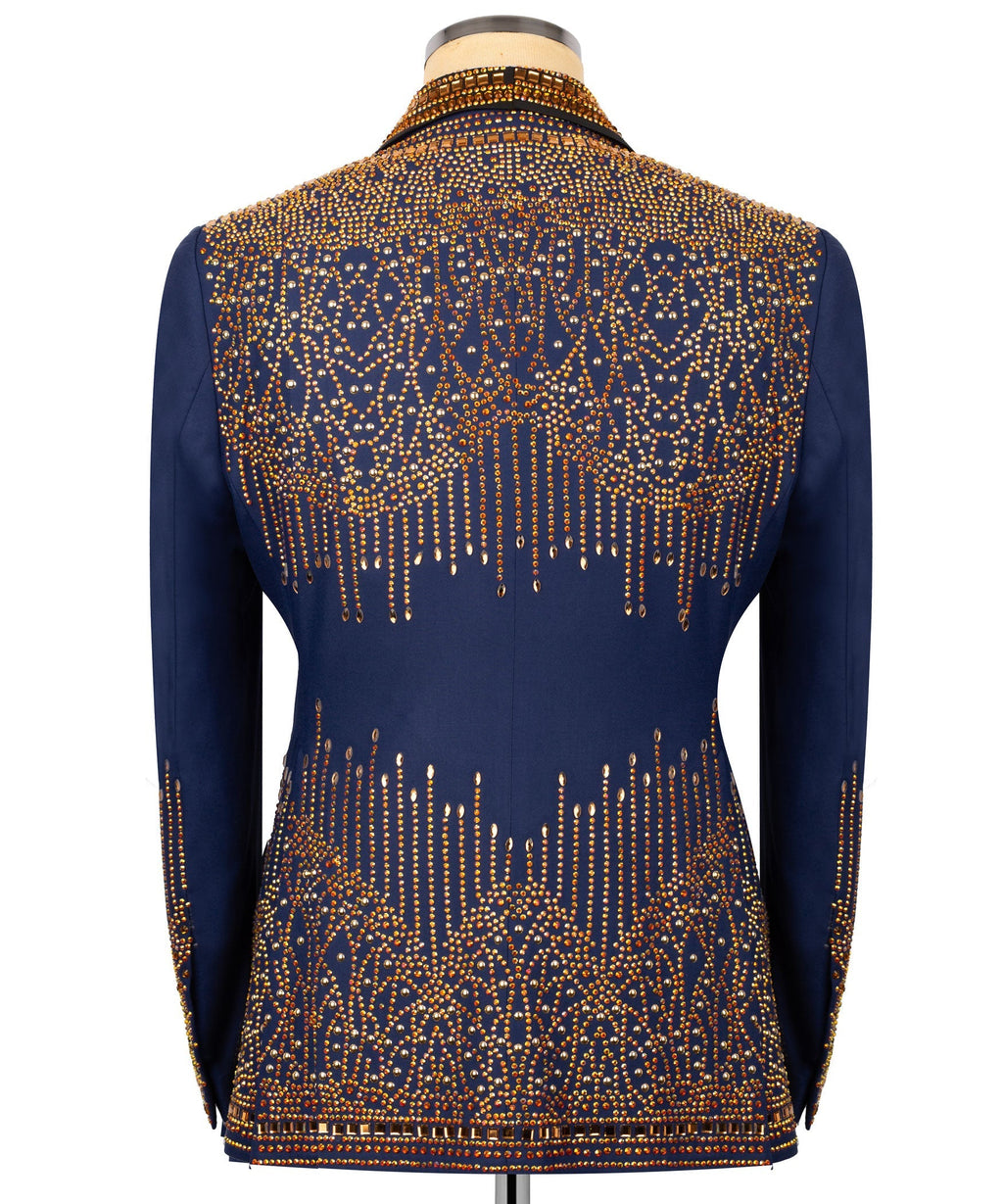 Back of men’s tuxedo jacket in dark blue with gold stone-embroidered pattern