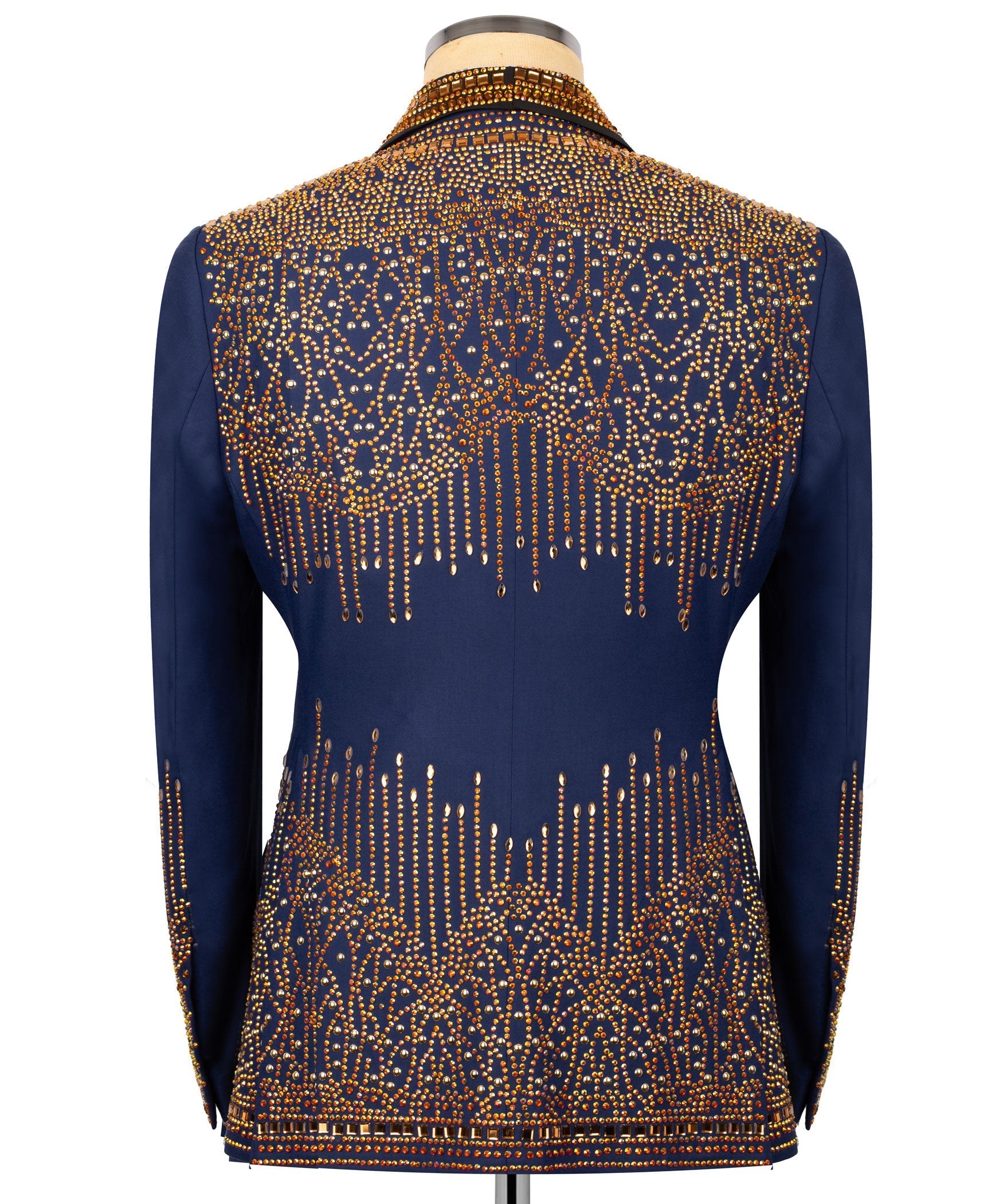 Back of men’s tuxedo jacket in dark blue with gold stone-embroidered pattern