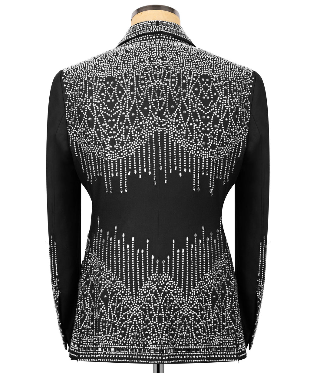 Back view black tuxedo blazer with silver rhinestone embroidery and hanging fringe