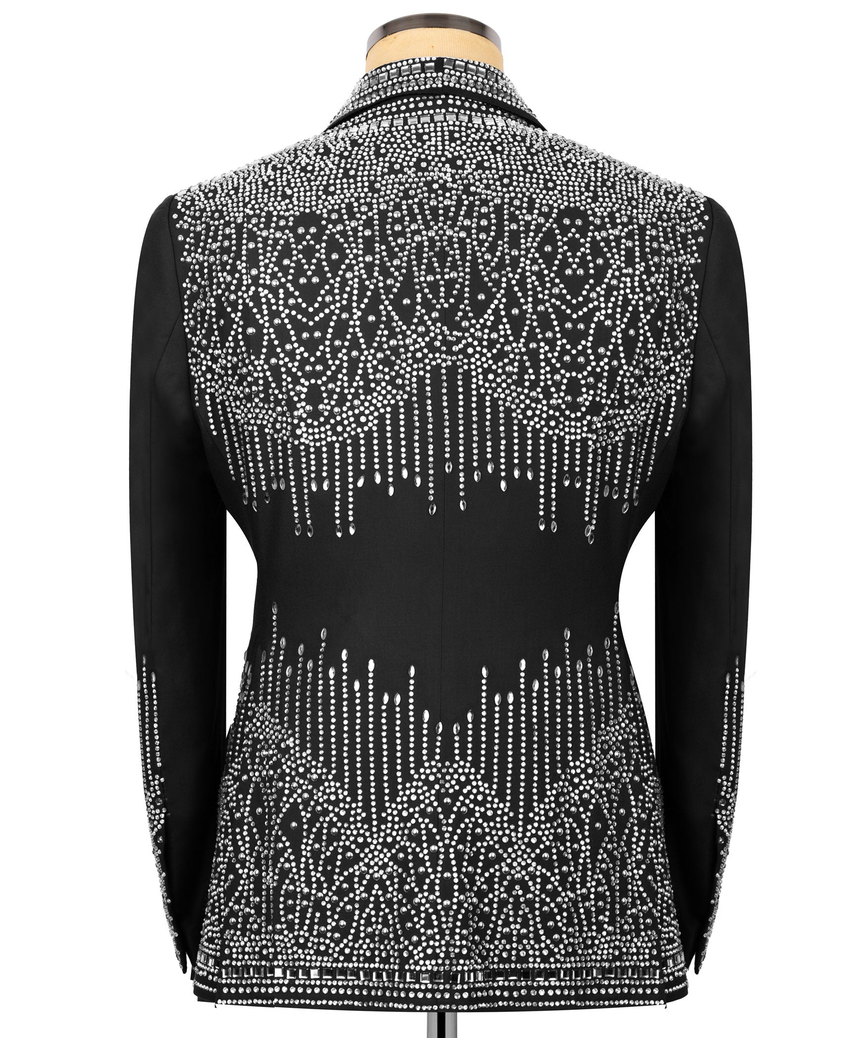 Back view black tuxedo blazer with silver rhinestone embroidery and hanging fringe