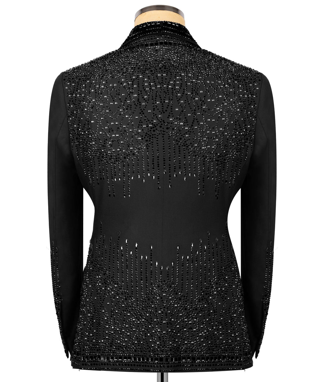 Black tuxedo jacket back with dense stone/rhinestone embellishment, slim silhouette