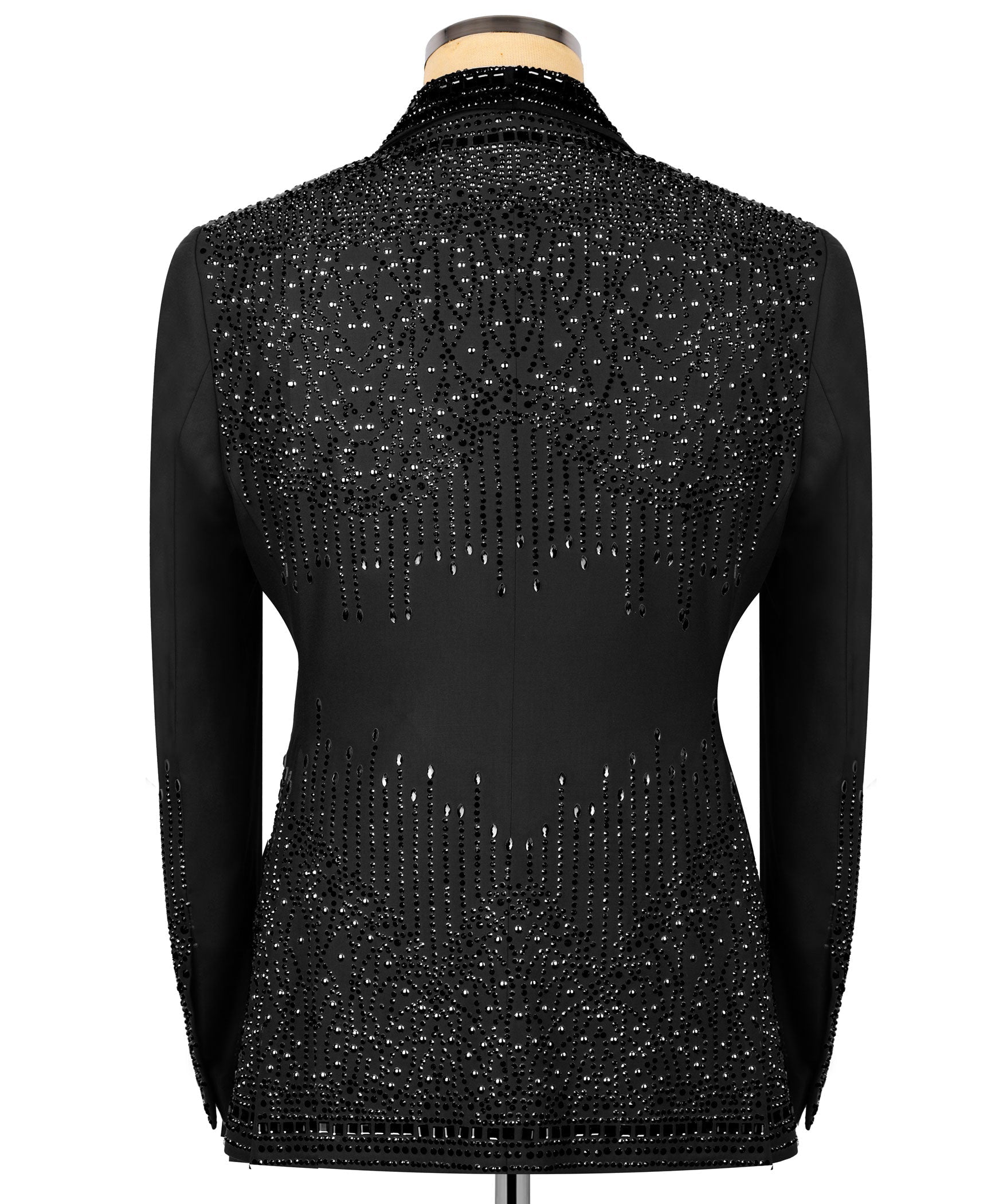 Black tuxedo jacket back with dense stone/rhinestone embellishment, slim silhouette