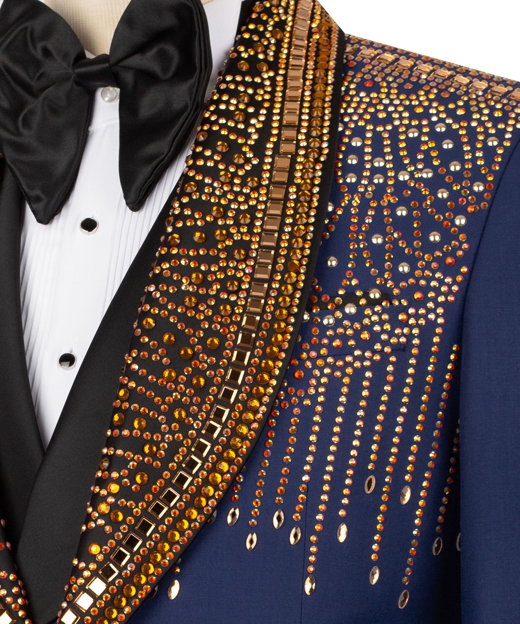 Close-up: dark blue tuxedo lapel with gold stone embroidery and black bow tie