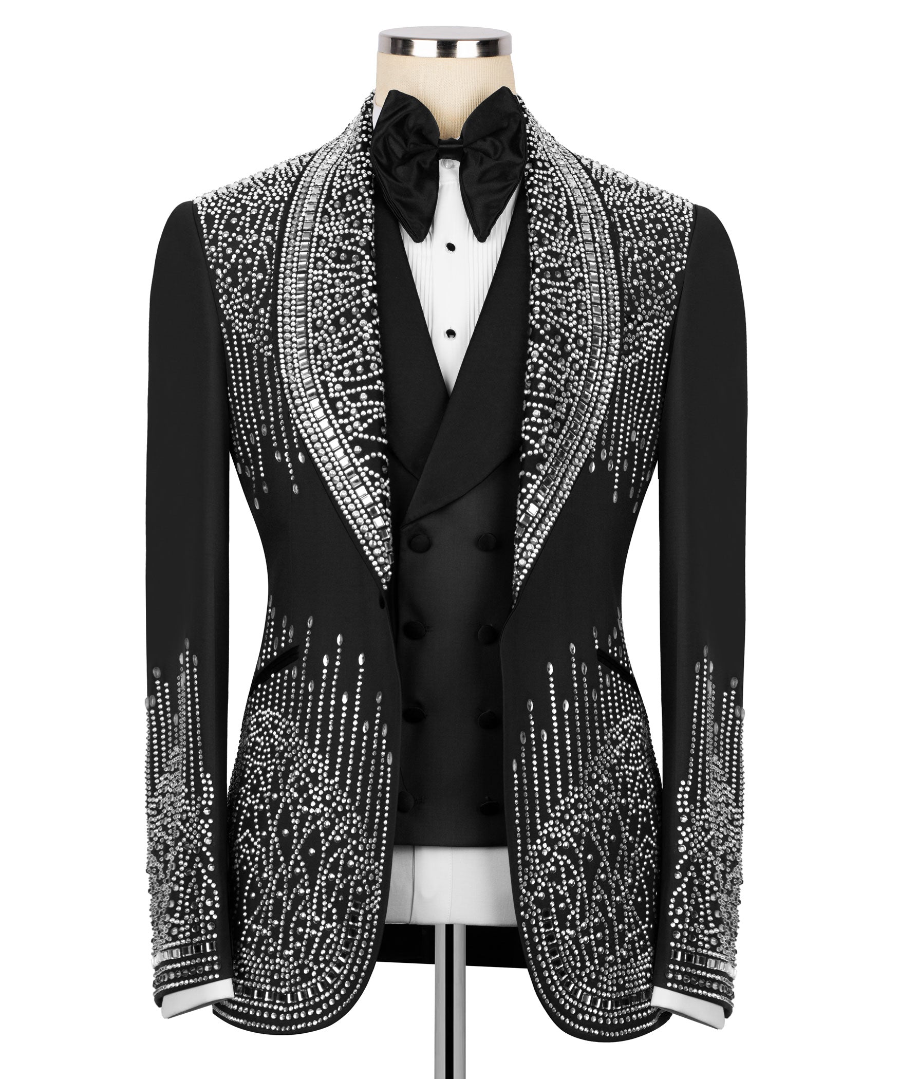 Black tuxedo jacket with silver rhinestone embroidery, black bow tie, white shirt