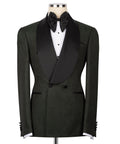 Dark green shiny tuxedo two-piece suit with black satin lapels, bow tie, and vest