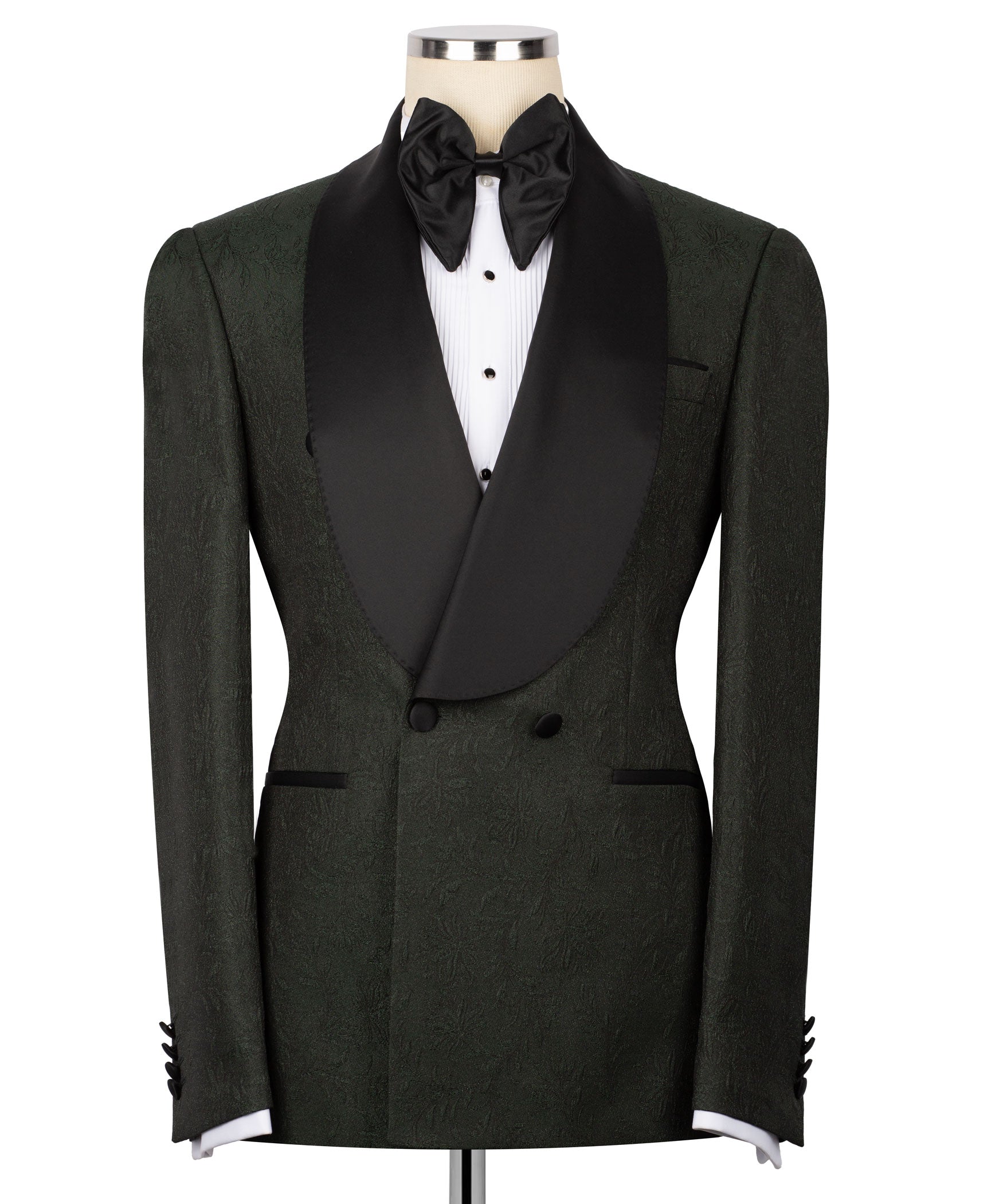 Dark green shiny tuxedo two-piece suit with black satin lapels, bow tie, and vest