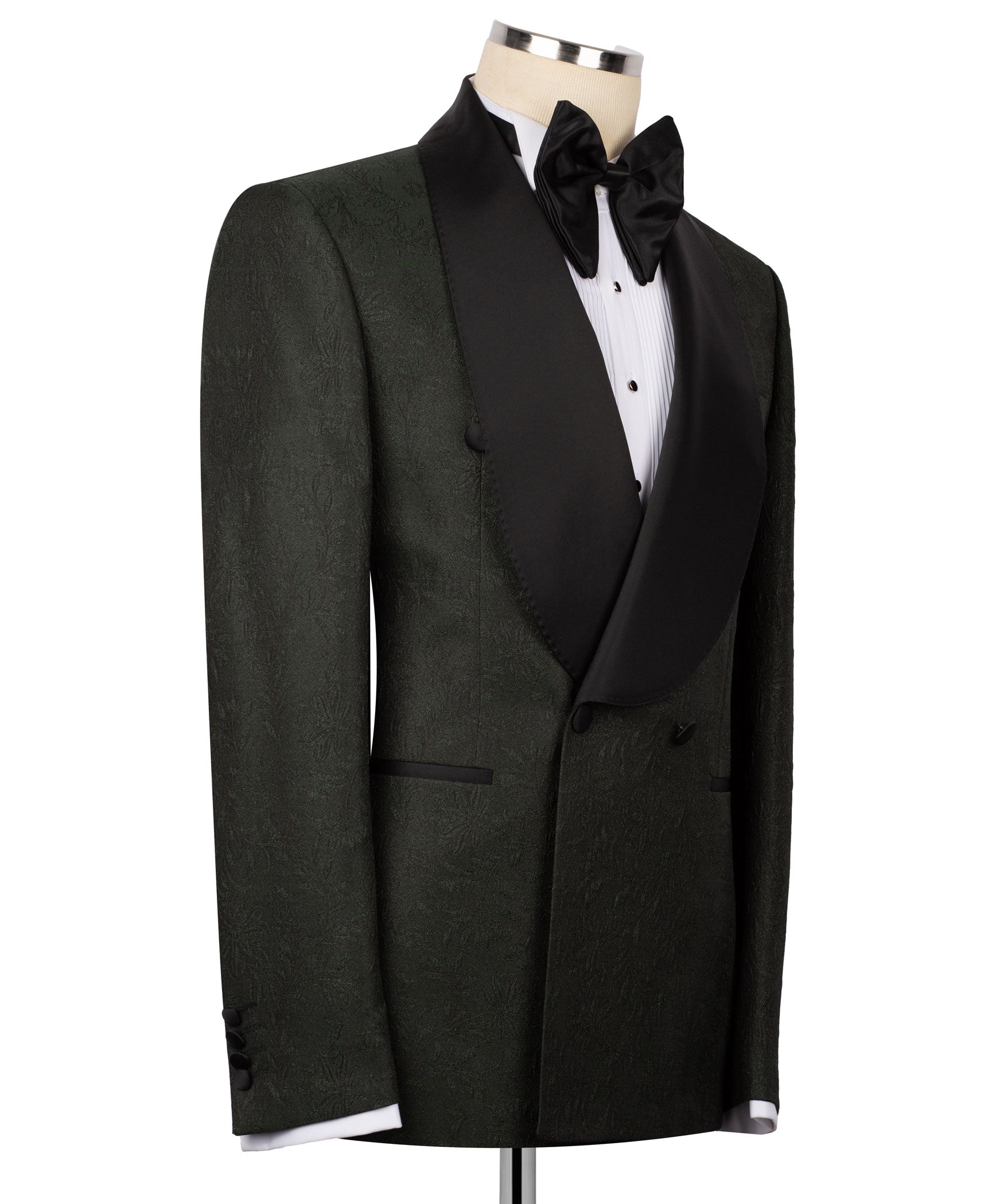 Dark green tuxedo jacket and matching vest with black lapel trim and bow tie