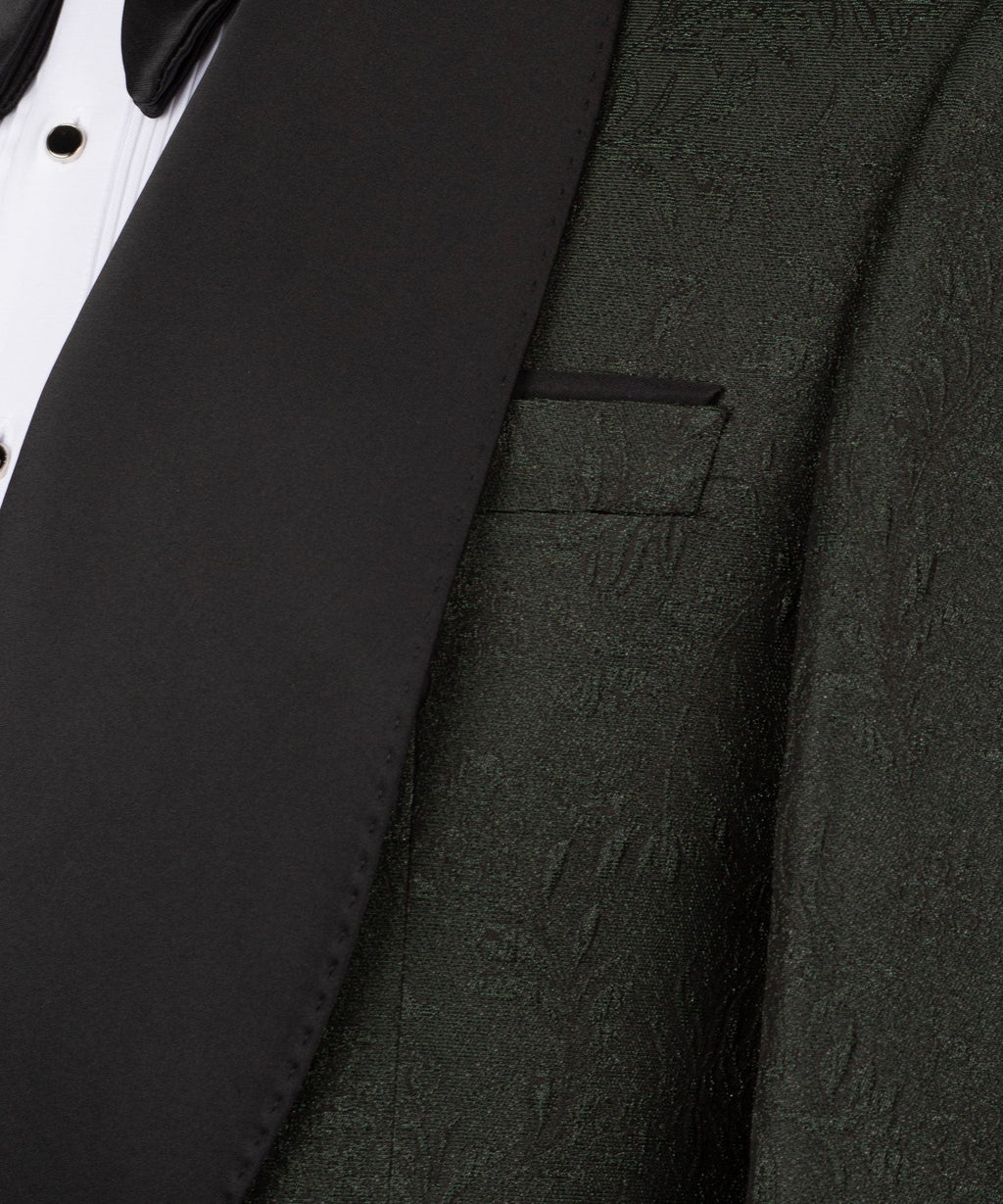 Close-up of black lapel and breast pocket on dark green shiny tuxedo jacket