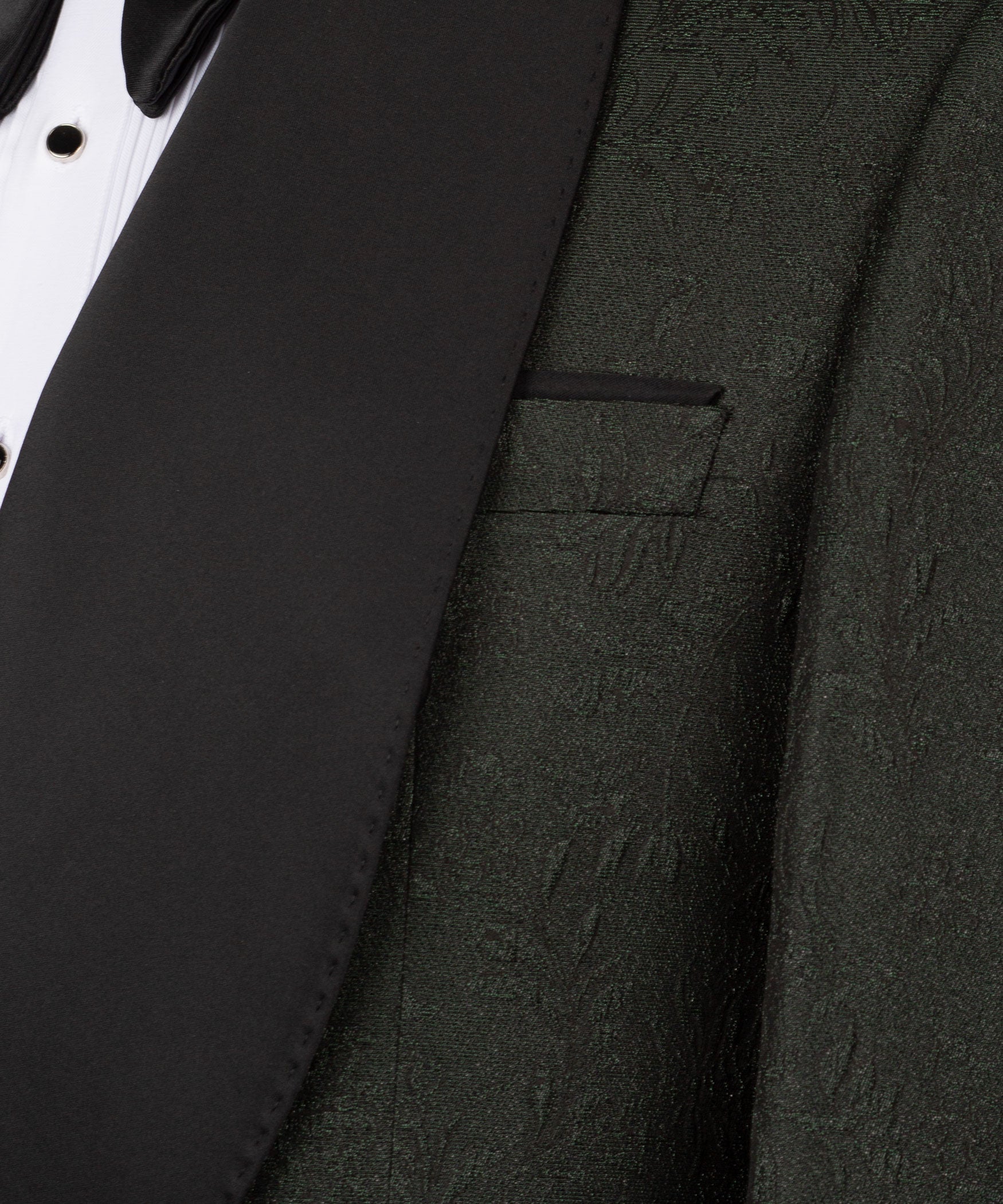 Close-up of black lapel and breast pocket on dark green shiny tuxedo jacket