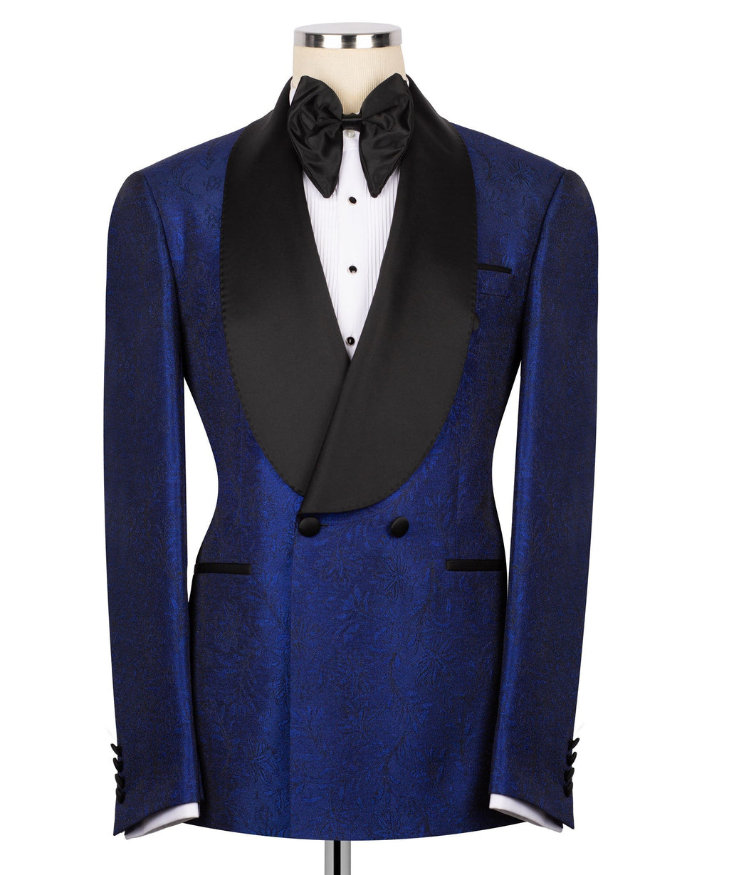 Shiny blue tuxedo jacket with black lapels, bow tie, and matching waistcoat