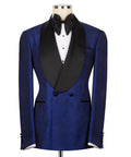 Shiny blue tuxedo jacket with black lapels, bow tie, and matching waistcoat