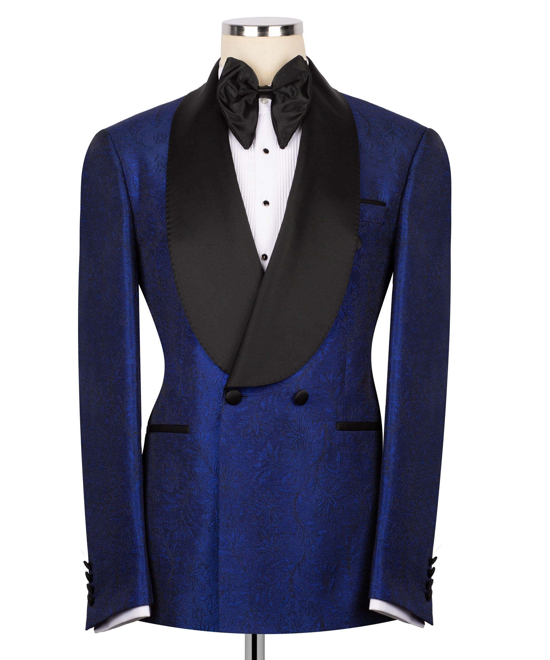Shiny blue tuxedo jacket with black lapels, bow tie, and matching waistcoat