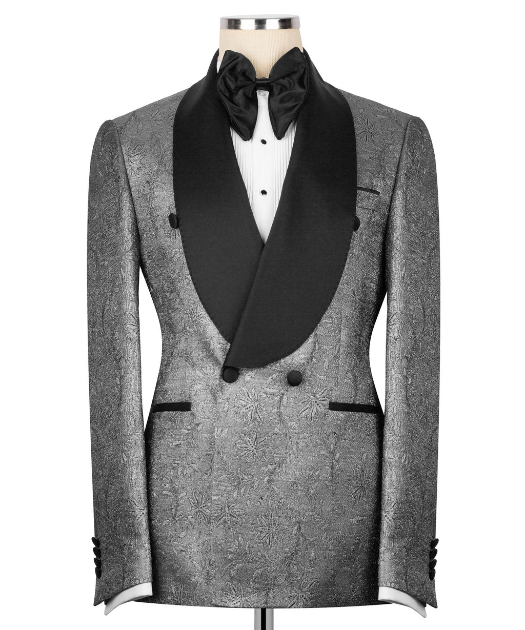 Shiny tuxedo 2-piece suit jacket with black satin lapels and metallic floral pattern