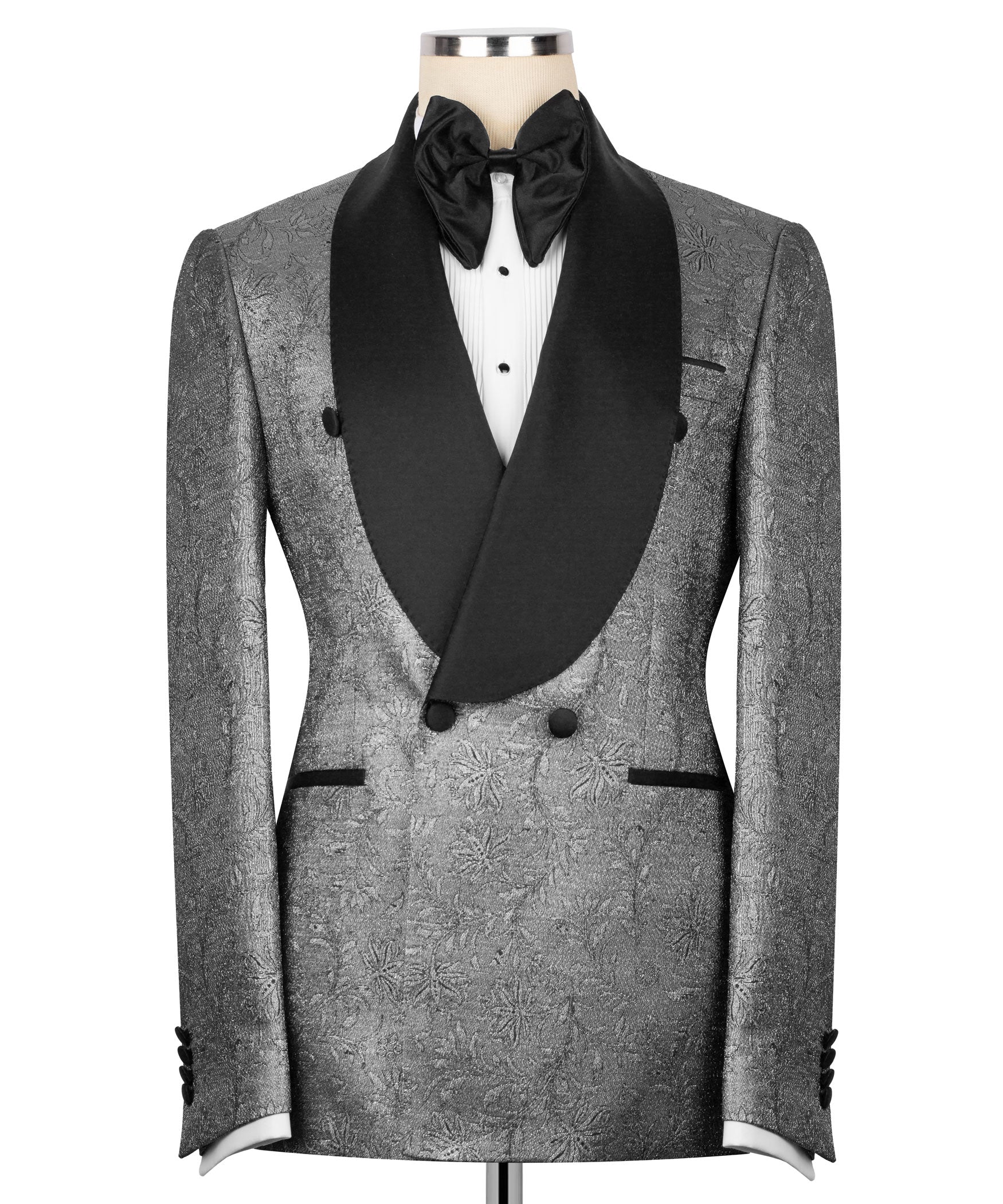 Shiny tuxedo 2-piece suit jacket with black satin lapels and metallic floral pattern