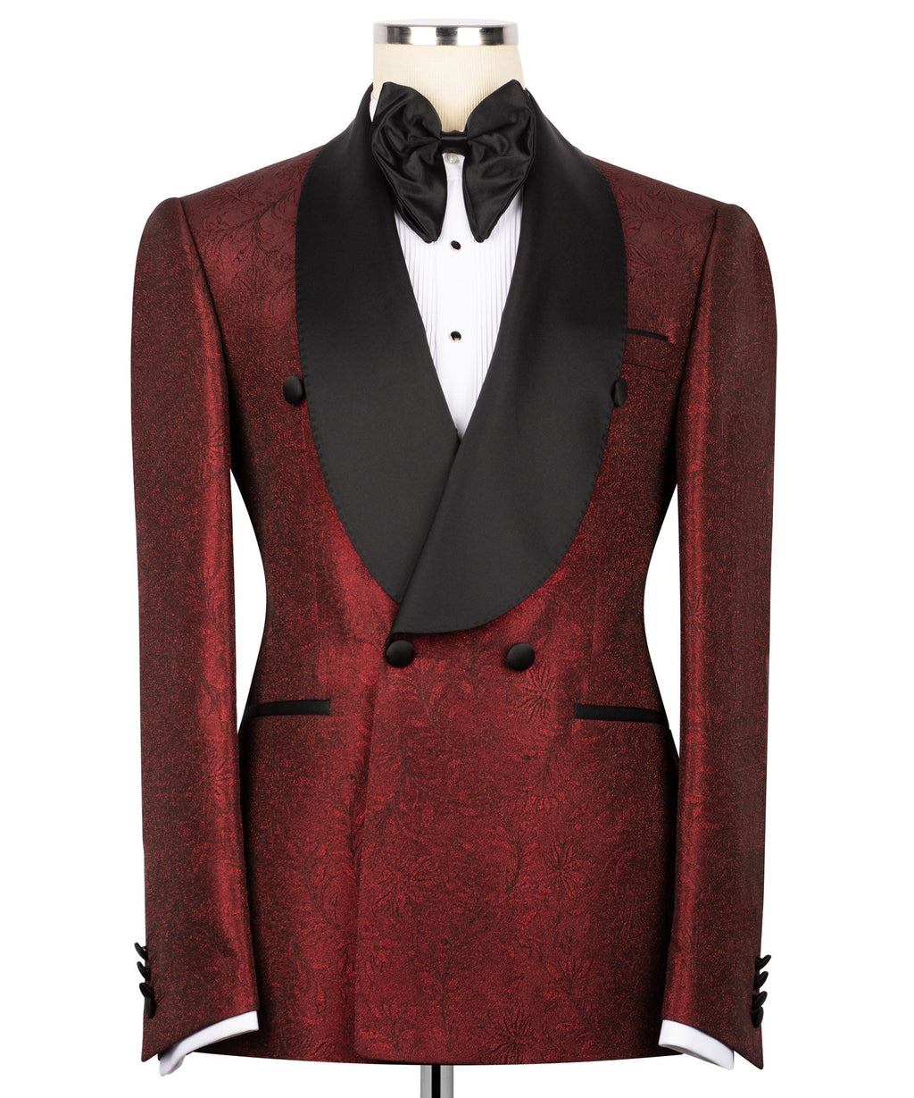Red shiny tuxedo jacket with black satin lapels, bow tie, and waistcoat set