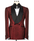 Red shiny tuxedo jacket with black satin lapels, bow tie, and waistcoat set