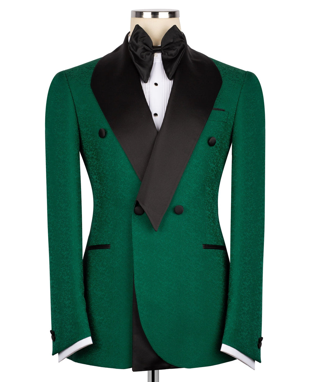 Green tuxedo jacket with black shawl lapels, bow tie, and vest front