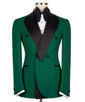 Green tuxedo jacket with black shawl lapels, bow tie, and vest front