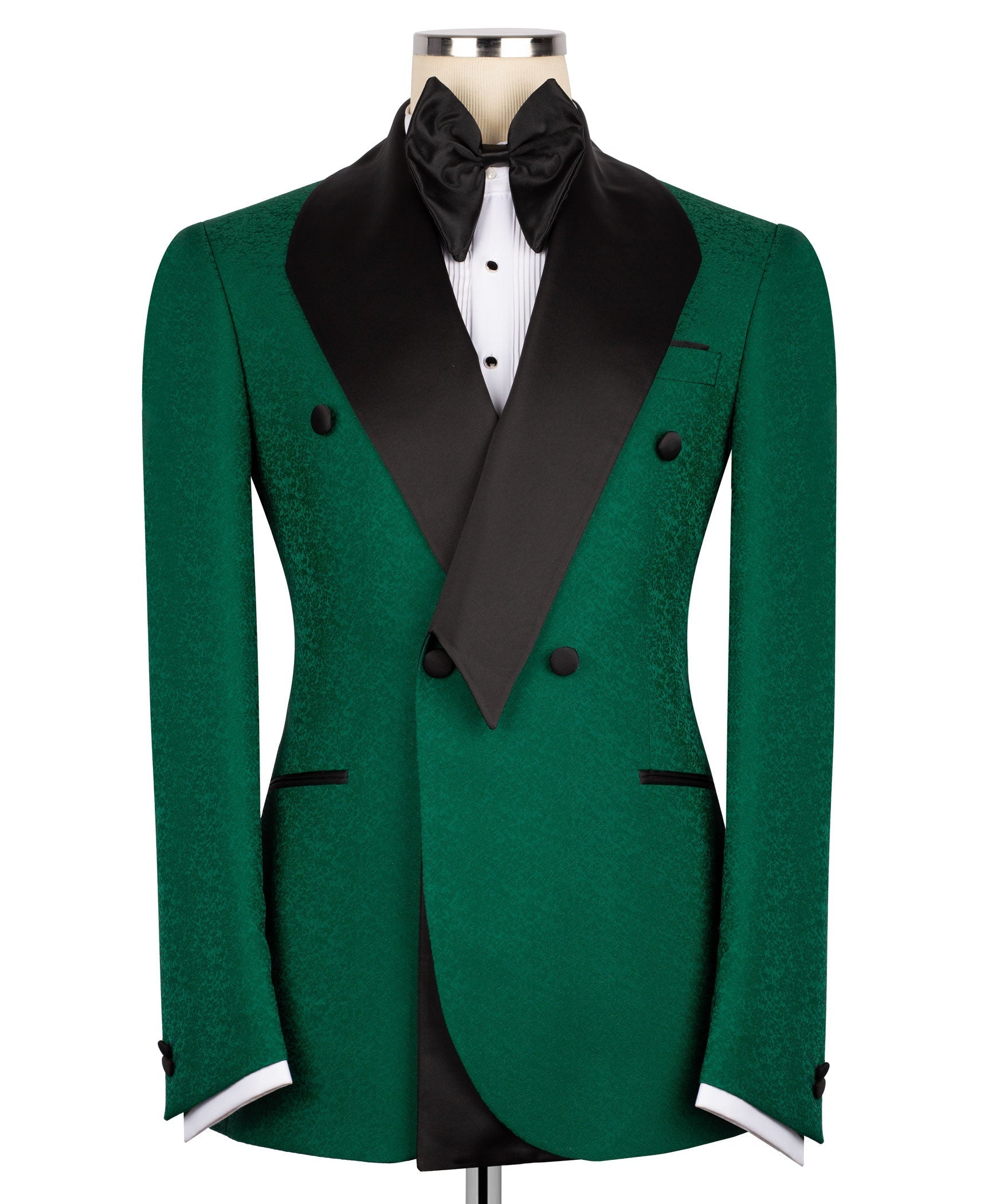 Green tuxedo jacket with black shawl lapels, bow tie, and vest front