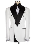 White tuxedo jacket with black lapels, black bow tie, and satin pocket trim