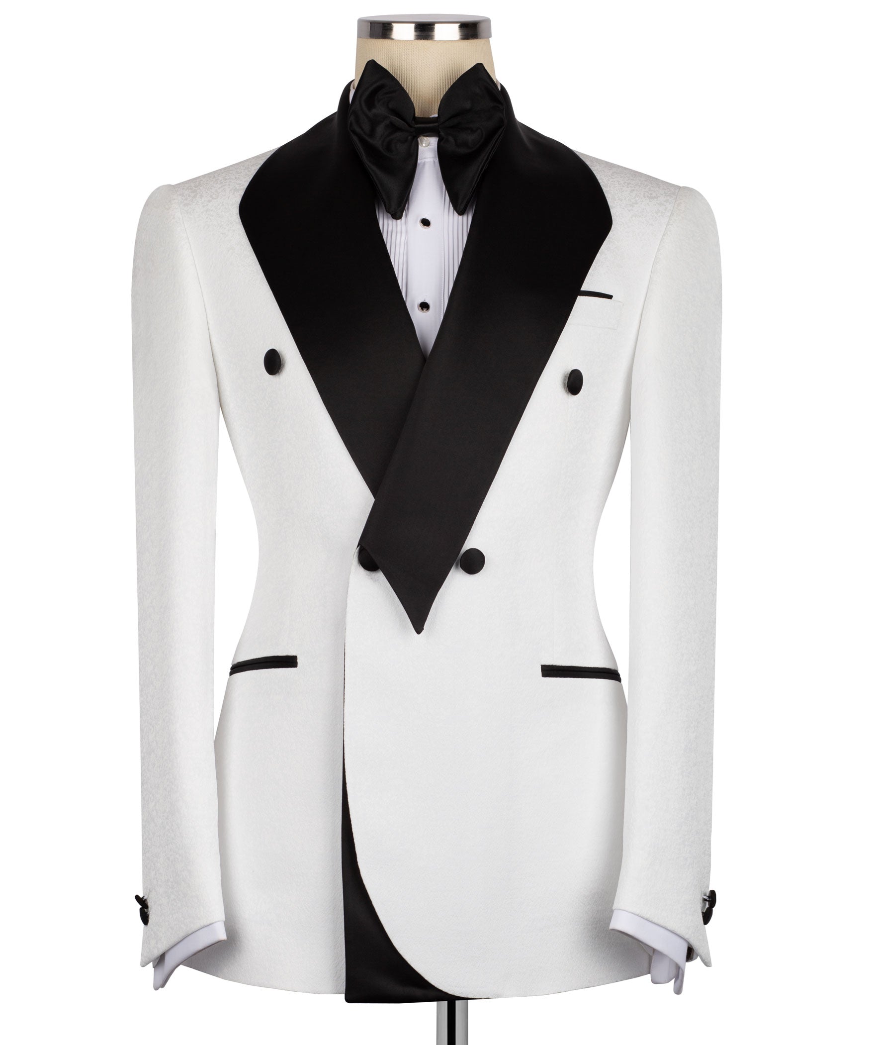 White tuxedo jacket with black lapels, black bow tie, and satin pocket trim