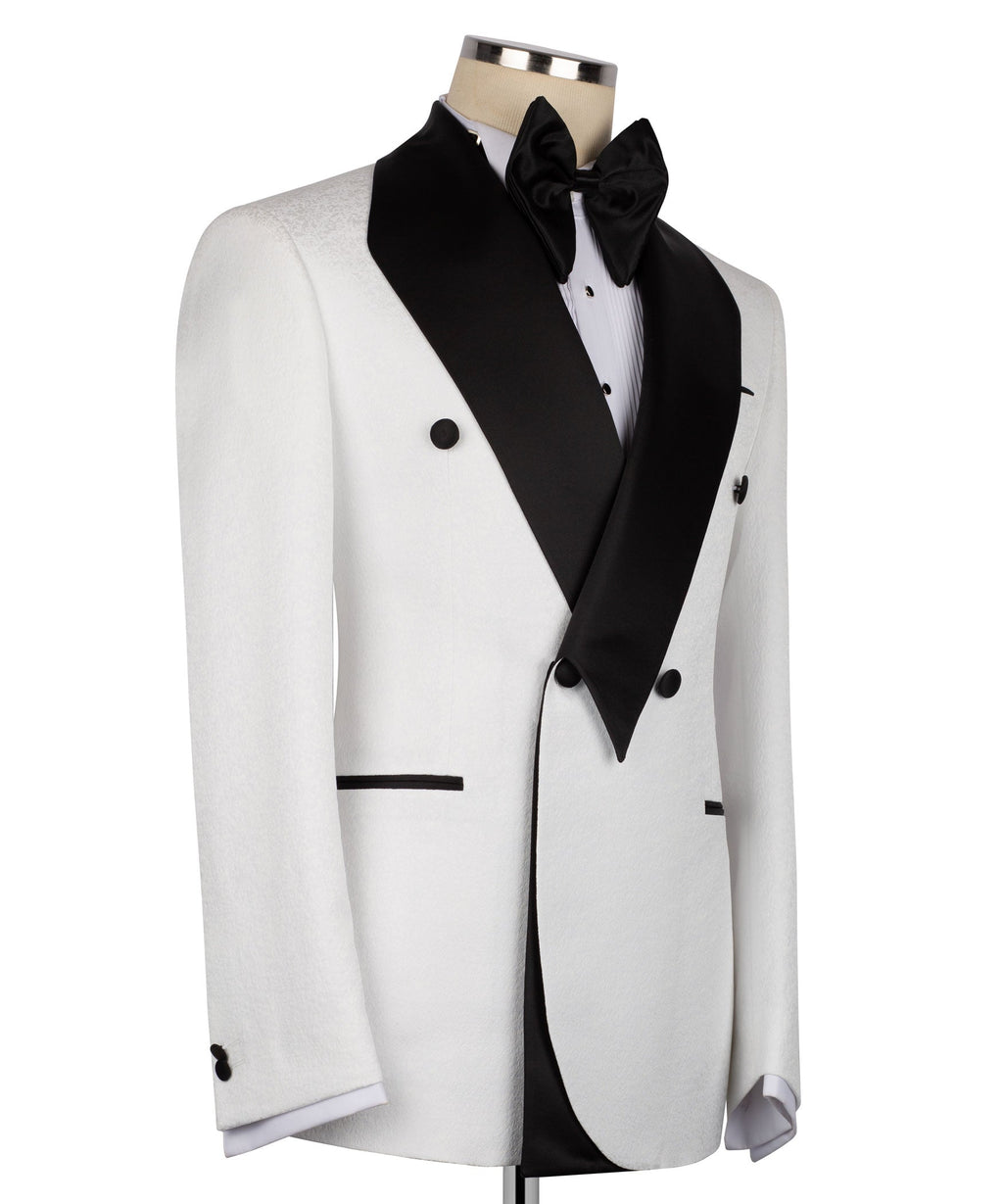 White tuxedo jacket with black bow tie and wide satin lapel, button front